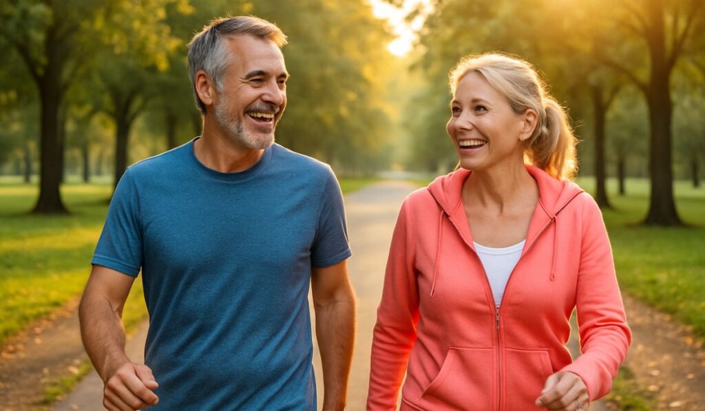 Middle-aged couple walking joyfully in a sunlit park, dressed in athletic wear, surrounded by trees and morning light.